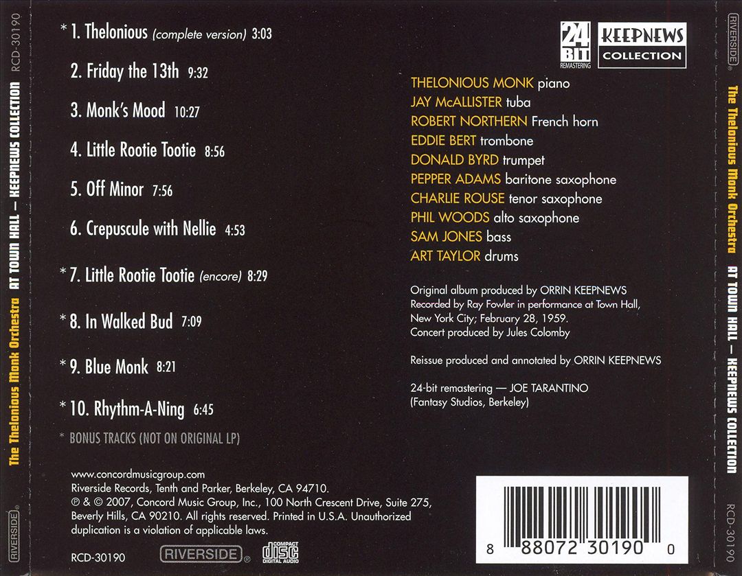 Thelonious Monk Orchestra at Town Hall [Bonus Tracks] cover art