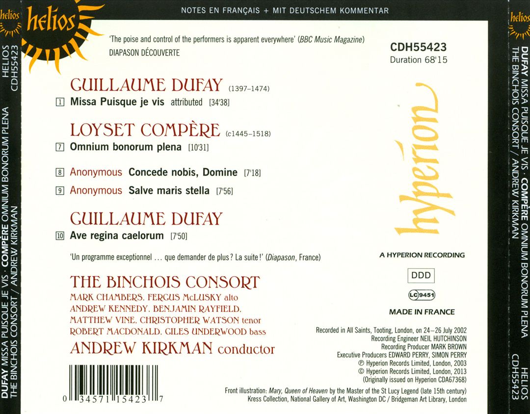 Dufay: Missa Puisque je vis; Ave regina caelorum; Loyset Compére: Omnium bonorum plena cover art