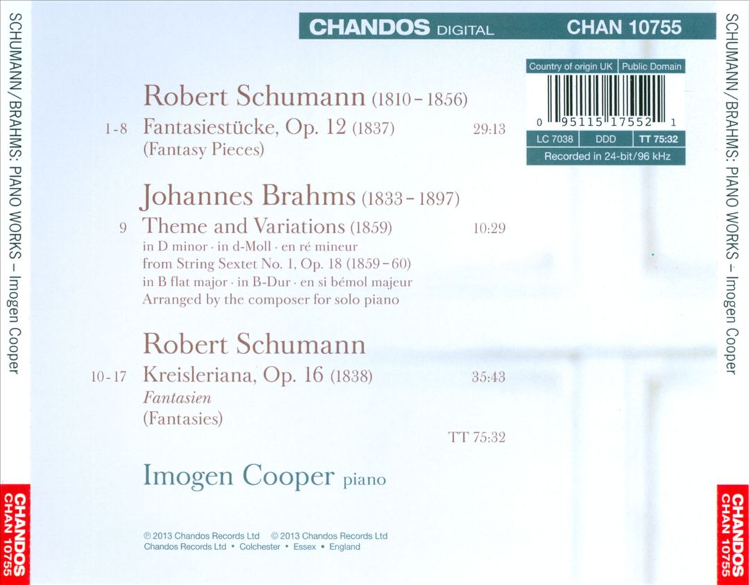 Schumann: Fantasiestucke; Kreisleriana; Brahms: Theme and Variations cover art