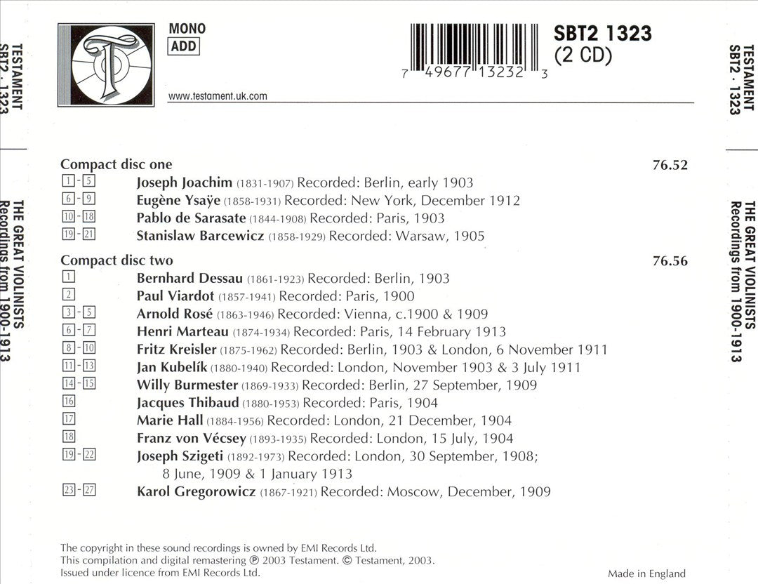 Great Violinists: Recordings from 1900-1913 cover art