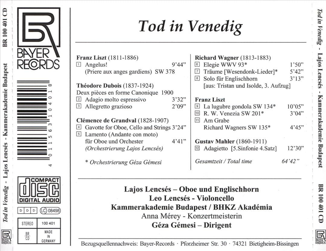 Tod in Venedig: Liszt, Wagner, Mahler, Dubois, Grandval cover art