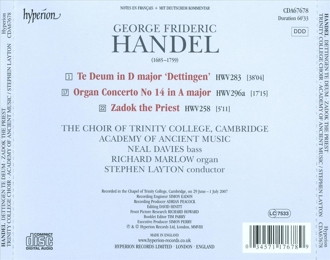 Handel: Dettingen Te Deum; Zadok the Priest; Organ Concerto No. 14 cover art