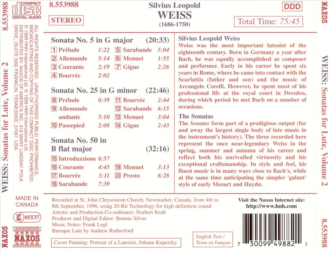 Silvius Leopold Weiss: Sonatas for Lute, Vol. 2 cover art