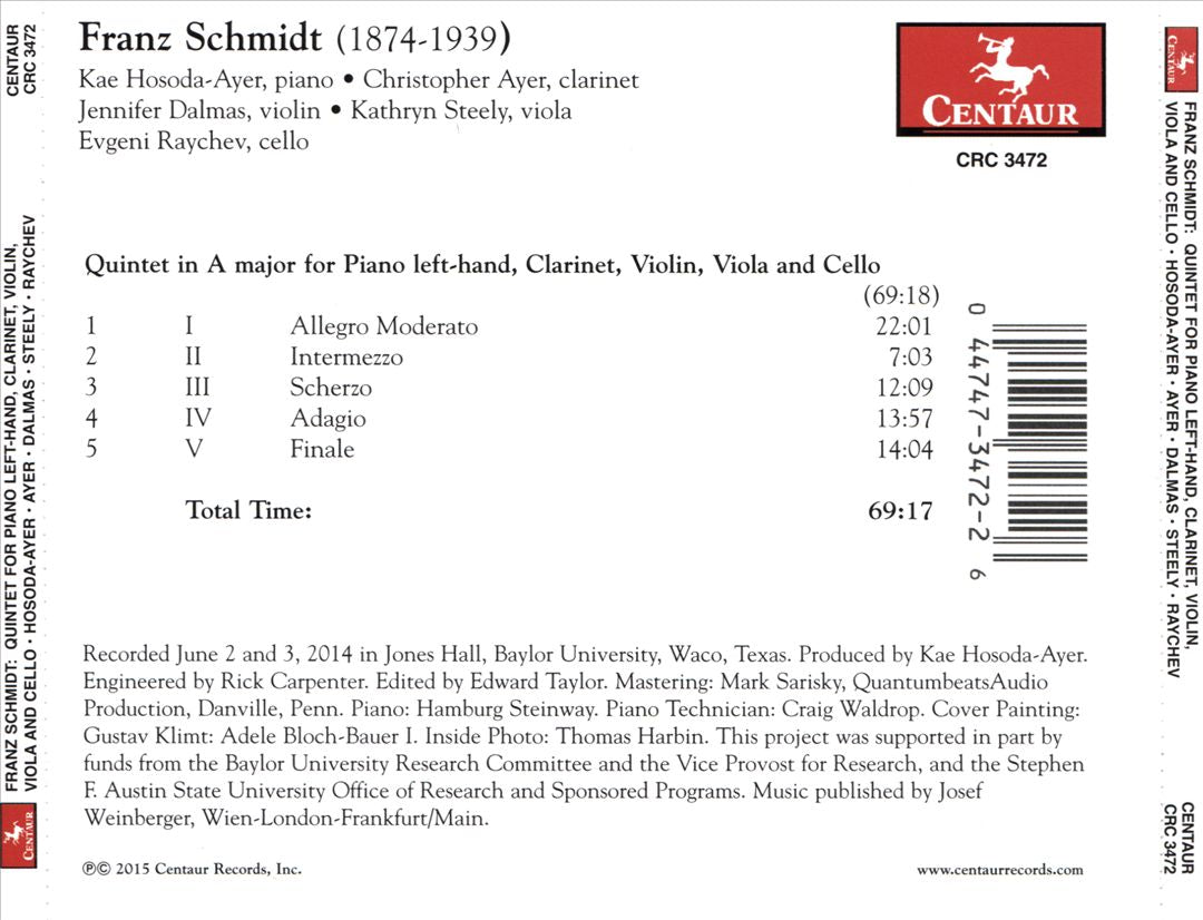 Franz Schmidt: Quintet in A major for Piano Left-hand, Clarinet, Violin, Viola and Cello cover art