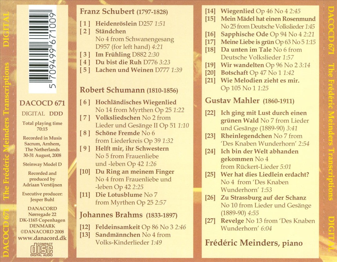 Frédéric Meinders Plays Songs by Schubert, Schumann, Brahms, Mahler cover art