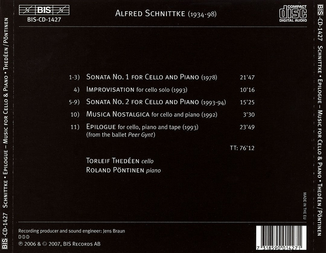 Alfred Schnittke: Epilogue; Works for cello & piano cover art