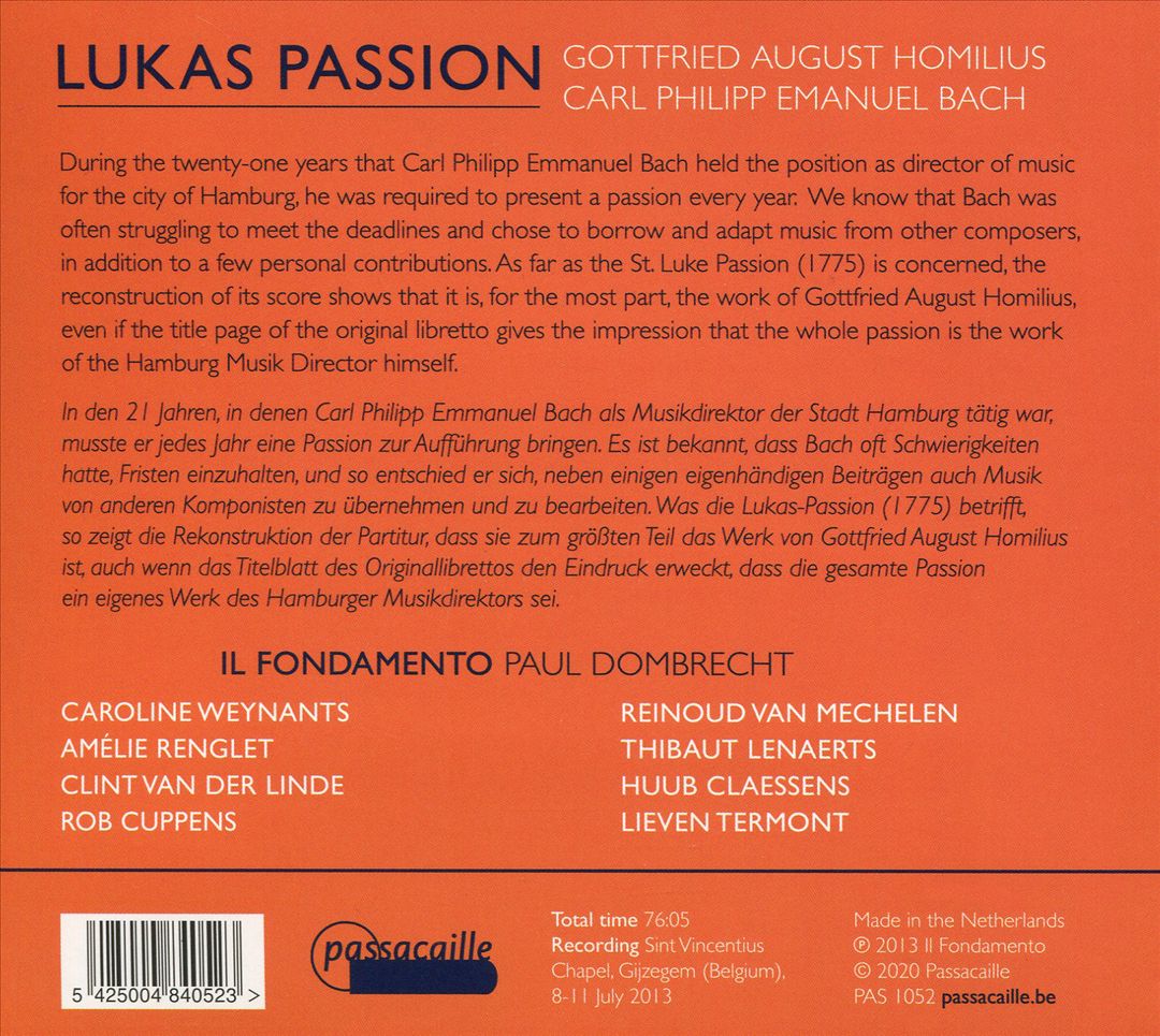 G.A. Homilius, C.P.E. Bach: Lukas Passion cover art