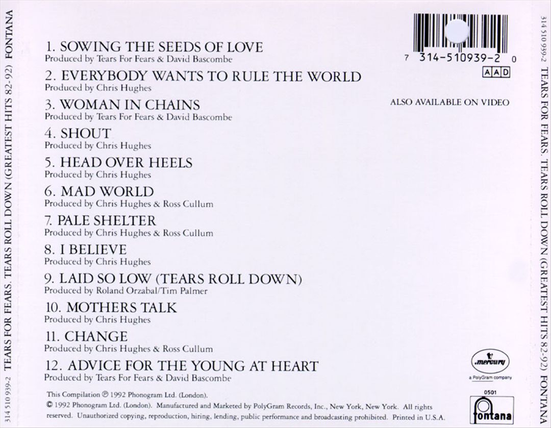 Tears Roll Down: Greatest Hits 1982-1992 cover art