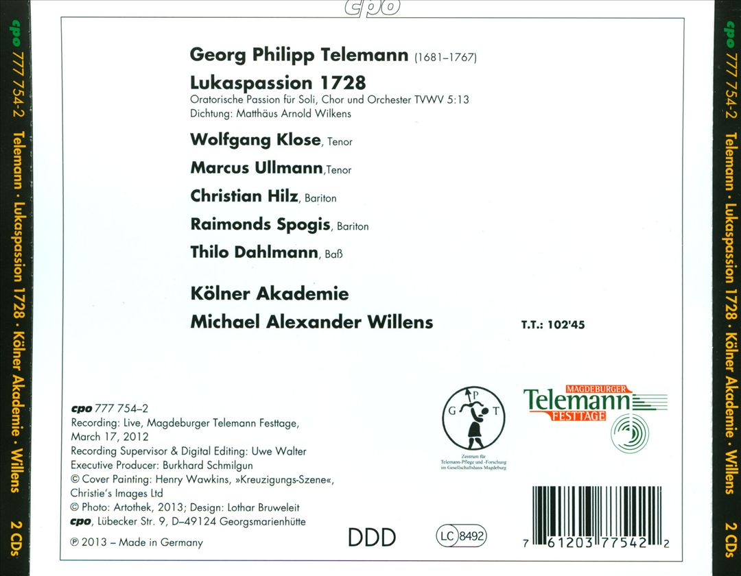 Telemann: Lukas Passion 1728 cover art