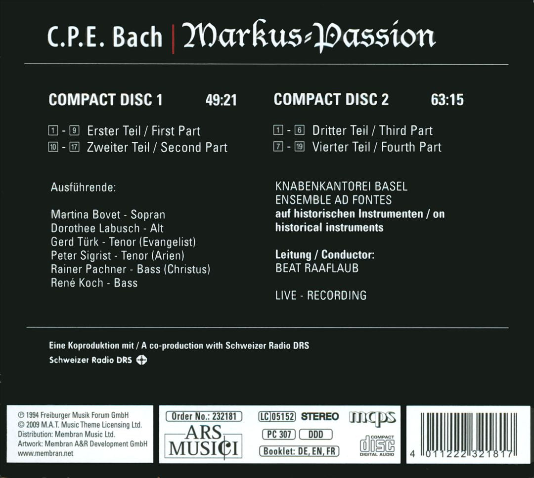 Carl Philipp Emanuel Bach: Markus-Passion cover art