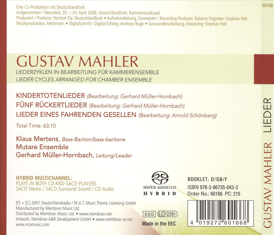 Mahler: Lieder Cycles arranged for Chamber Ensemble cover art