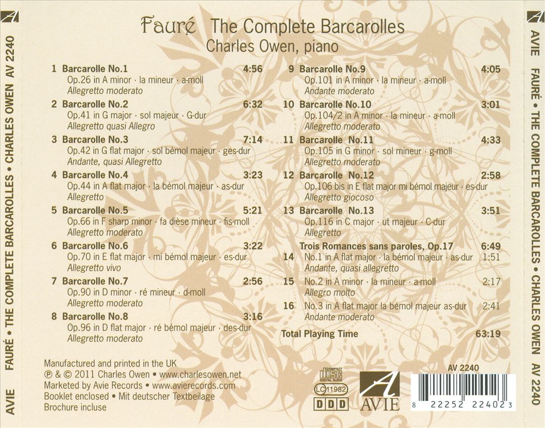 Fauré: Complete Barcarolles; Trois Romances Sans Paroles cover art