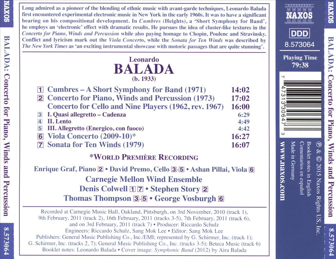 Leonardo Balada: Concerto for Piano, Winds and Percussion cover art
