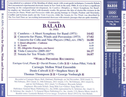 Leonardo Balada: Concerto for Piano, Winds and Percussion cover art
