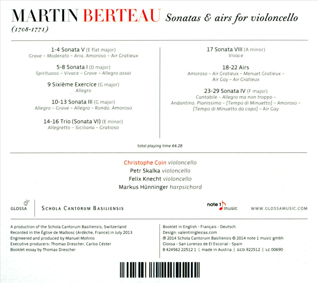 Martin Berteau: Sonatas & Airs for Violoncello cover art