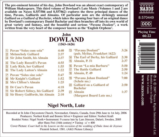 Dowland: Pavans, Gailliards and Almains - Lute Music, Vol. 3 cover art