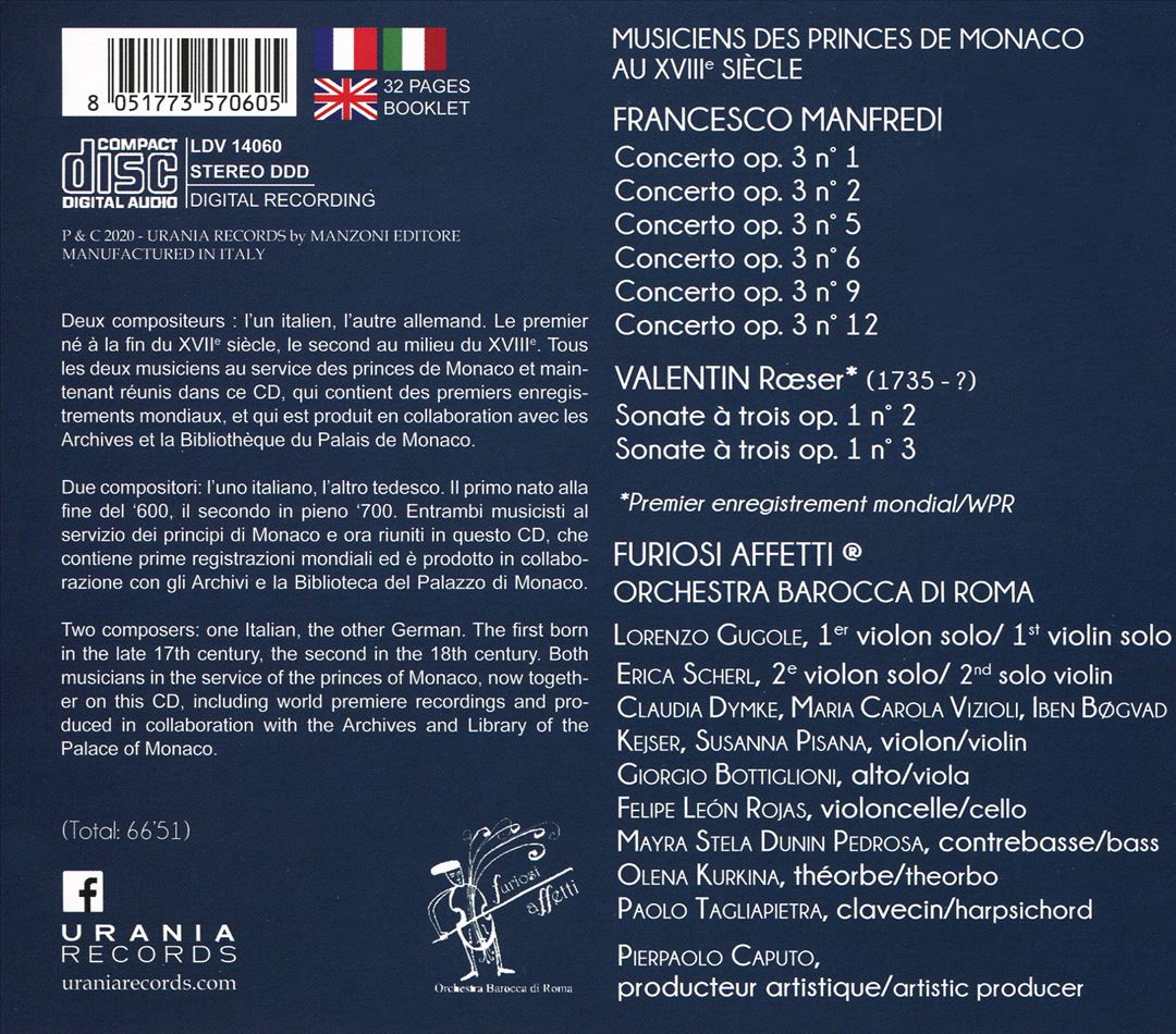 Musiciens des Princes de Monoaco au XVIIIe siècle: F. Manfredini, V. Rœser cover art