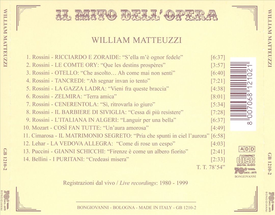 Il Mito dell'Opera: William Matteuzzi cover art