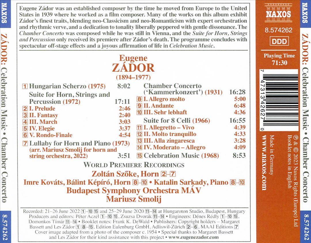 Eugene Zádor: Celebration Music; Chamber Concerto; Suite for Horn, Strings and Percussion cover art