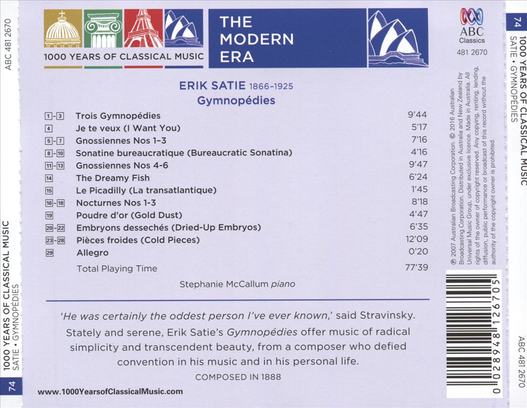 1000 Years of Classical Music, Vol. 74: The Modern Era - Satie: Gymnopédies cover art