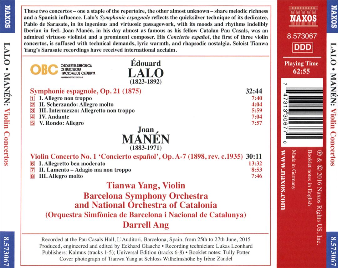 Lalo: Symphonie Espagnole; Manén: Concierto español cover art