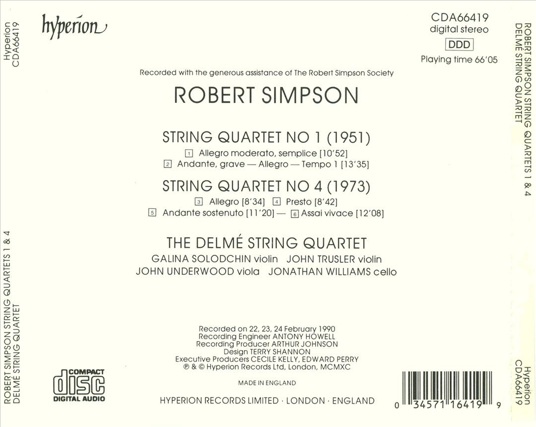 Robert Simpson: String Quartets Nos. 1 & 4 cover art