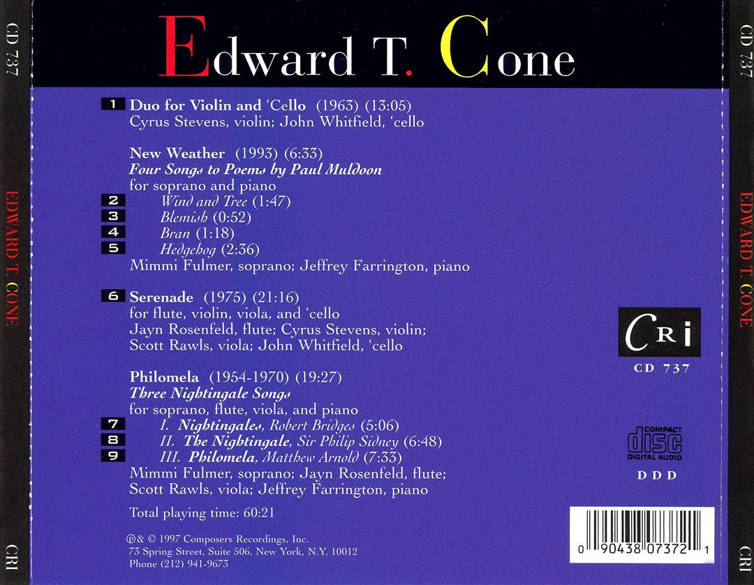 Cone: Duo For Violin And Cello/New Weather/Four Songs/Serenade/Philomela cover art