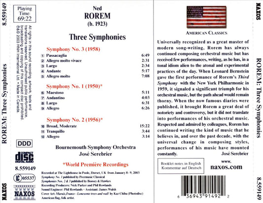 Ned Rorem: Three Symphonies cover art