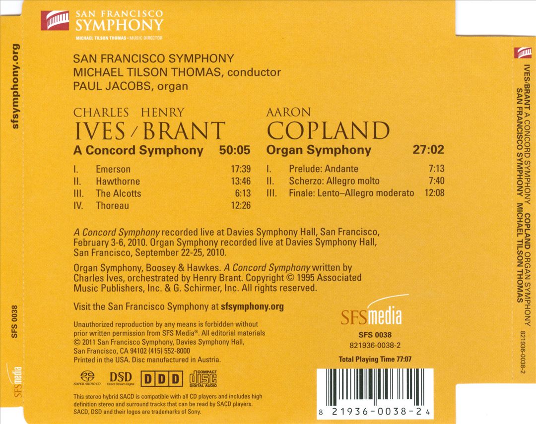 Ives/Brant: A Concord Symphony; Copland: Organ Symphony cover art