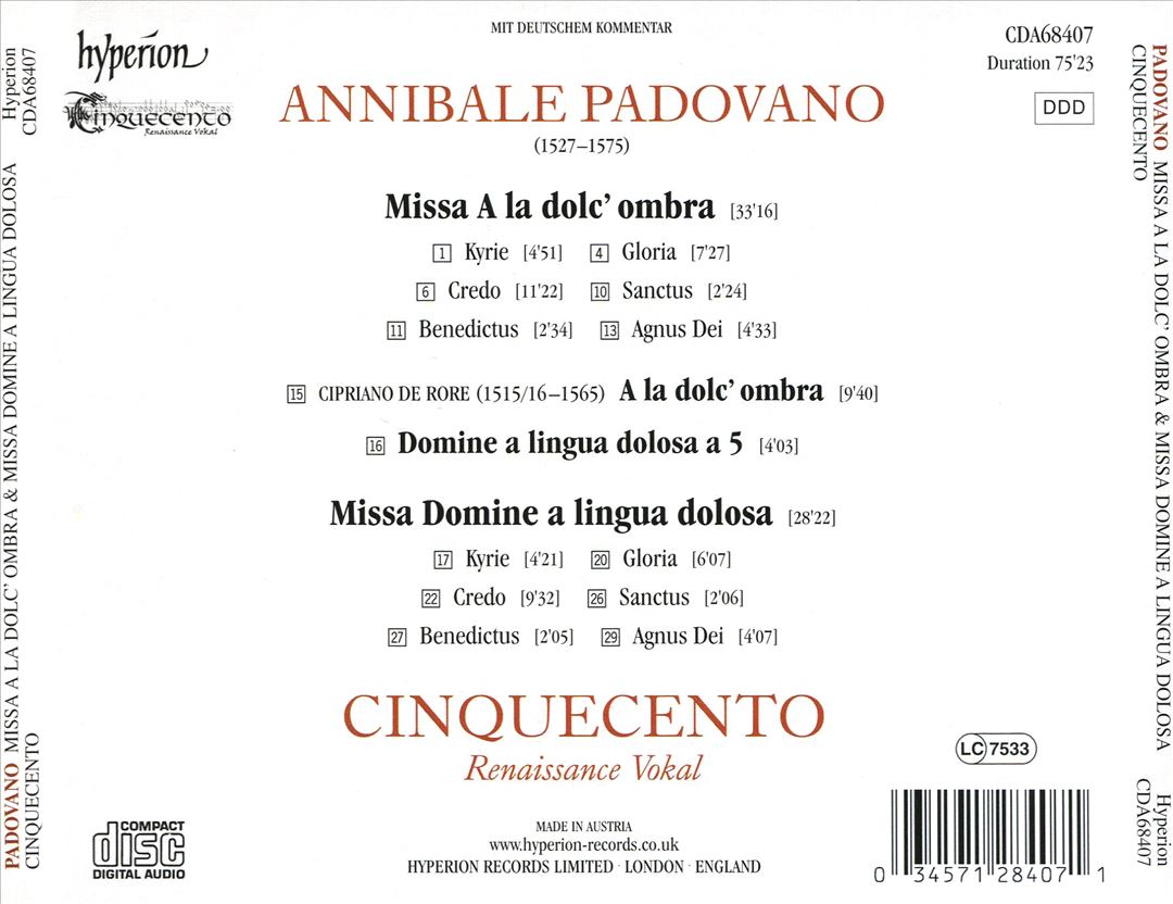 Annibale Padovano: Missa A la dolc' ombra & Missa Domine a lingua dolosa cover art