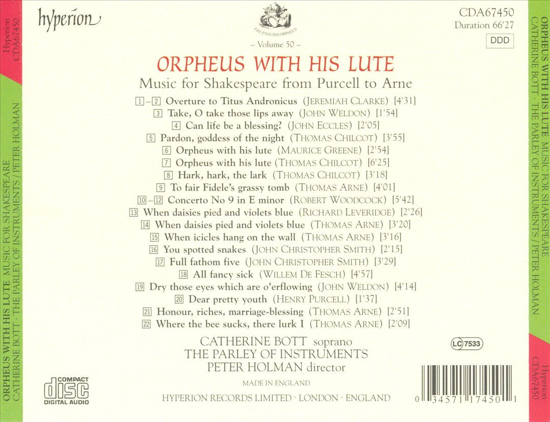 Orpheus with His Lute: Music for Shakespeare from Purcell to Arne cover art