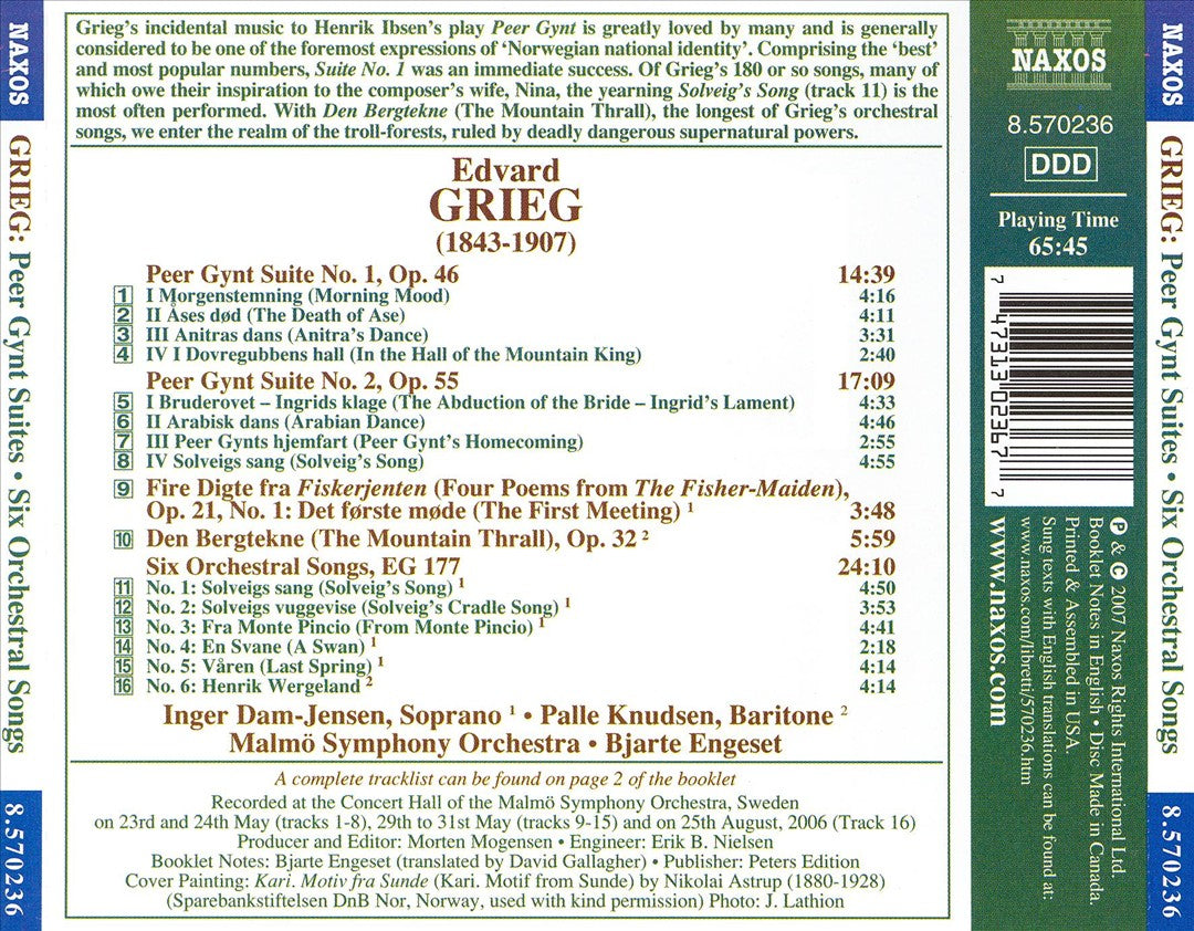 Grieg: Peer Gynt Suites; 6 Orchestral Songs cover art