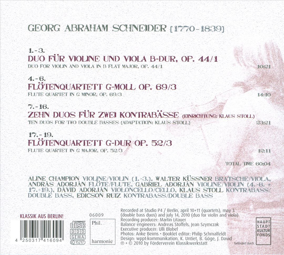 Georg Abraham Schneider: Streichduos; Flötenquartette cover art