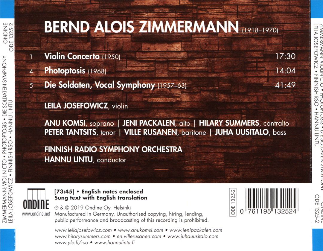 Bernd Alois Zimmermann: Violin Concerto; Photoptosis; Die Soldaten Vocal Symphony cover art