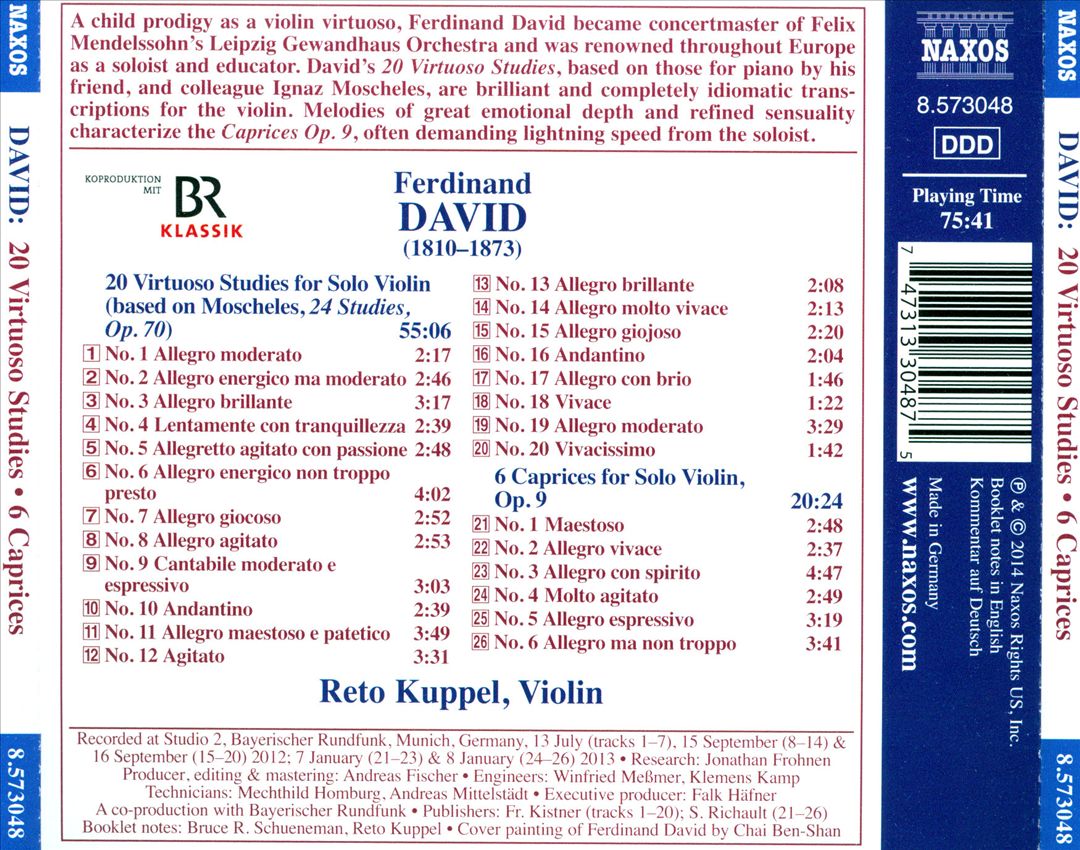 Ferdinand David: 20 Virtuoso Studies; 6 Caprices cover art