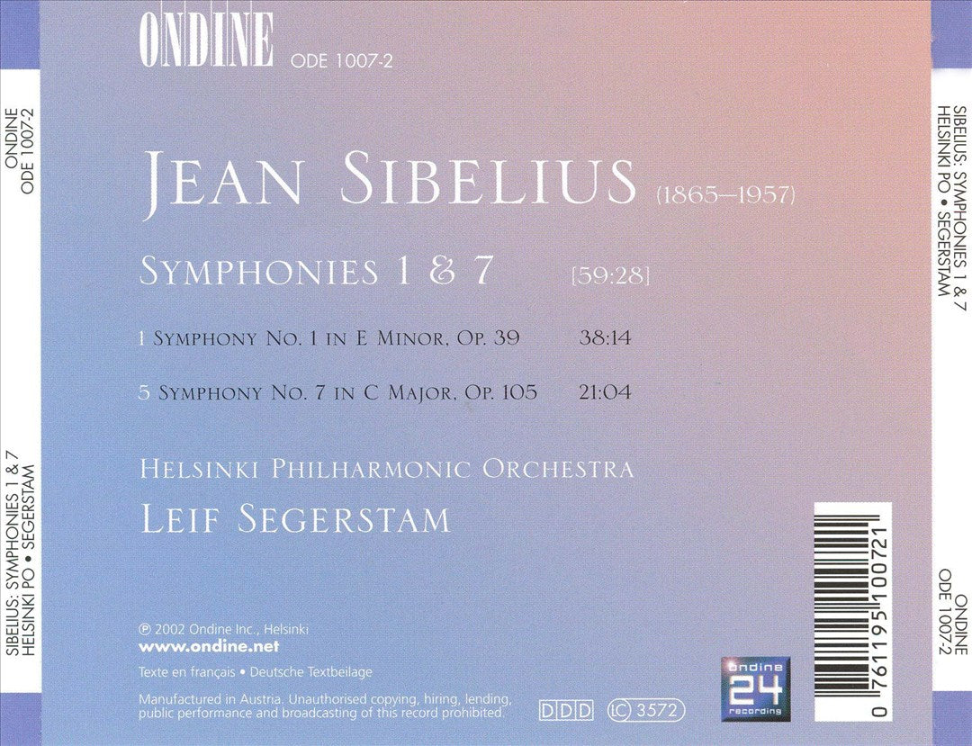 Sibelius: Symphonies Nos. 1 & 7 cover art