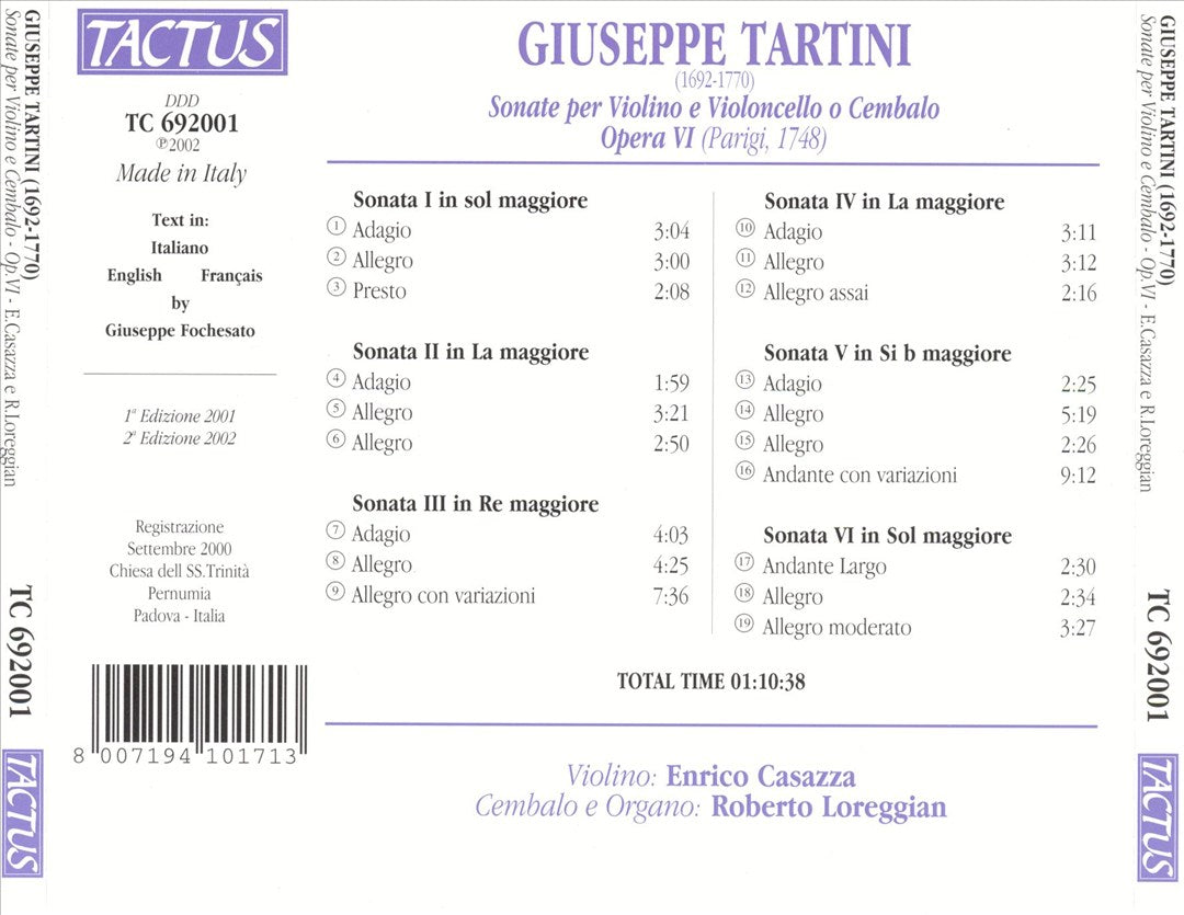Giuseppe Tartini: Sonate e Violino e Violoncello o cembalo - Opera VI cover art