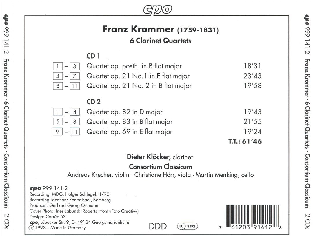 Franz Krommer: 6 Clarinet Quartets cover art