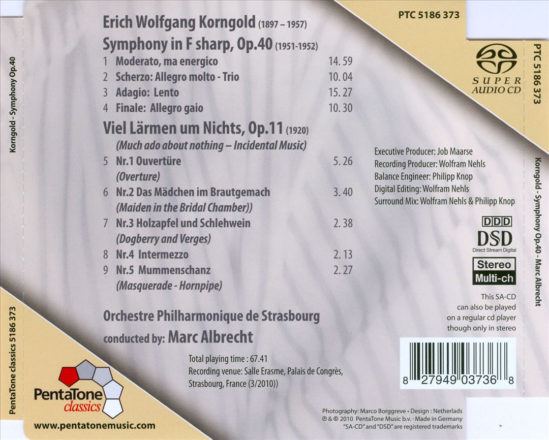Korngold: Symphony in F sharp, Op. 40; Much Ado About Nothing, Op. 11 cover art