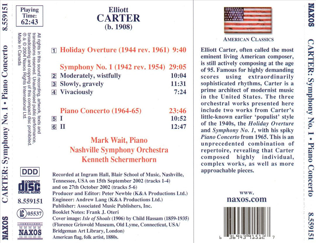 Elliott Carter: Symphony No. 1; Piano Concerto cover art
