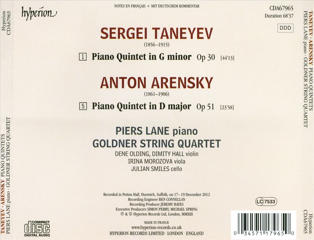 Anton Arensky, Sergei Taneyev: Piano Quintets cover art