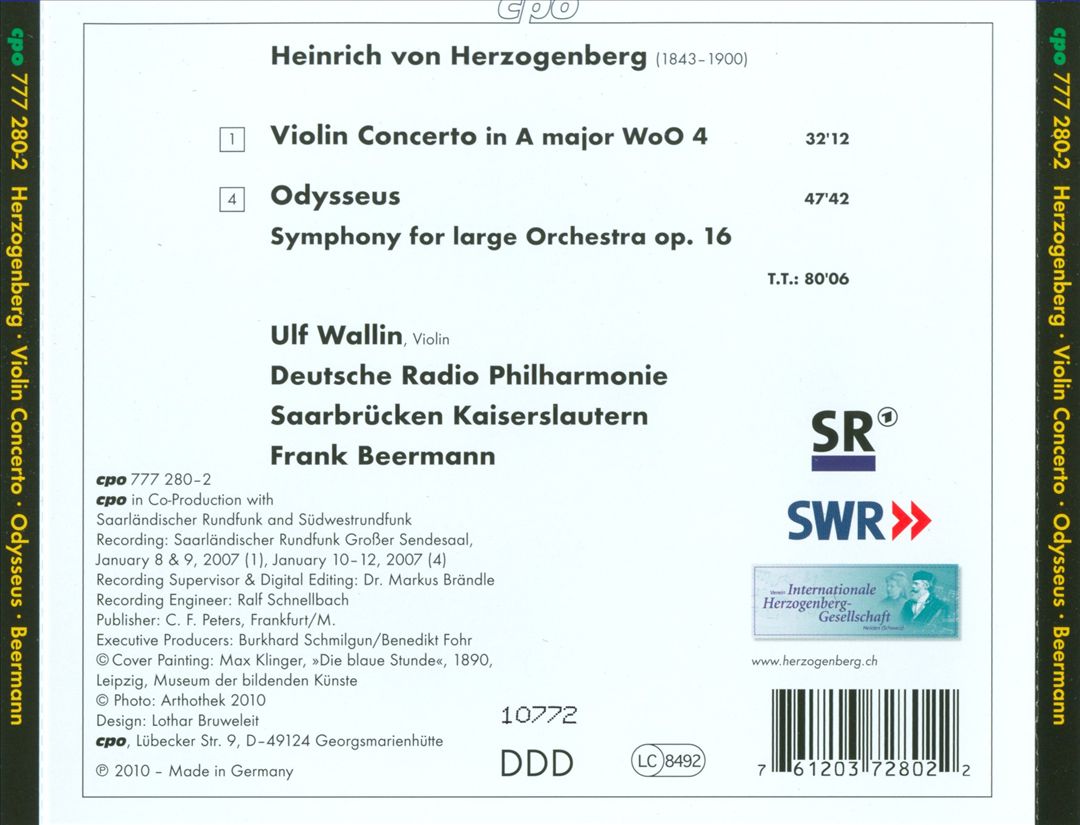 Heinrich von Herzogenberg: Violin Concerto; Odysseus cover art