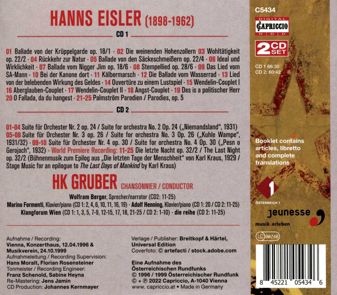 Hanns Eisler: Couplets; Ballads; Orchestral Suites 2-4; Die letzte Nacht cover art