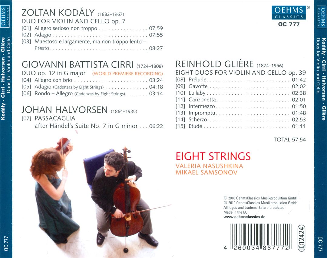 Zoltan Kodály, Giovanni Battista Cirri, Johan Halvorsen, Reinhold Glière: Duos for Violin and Cello cover art