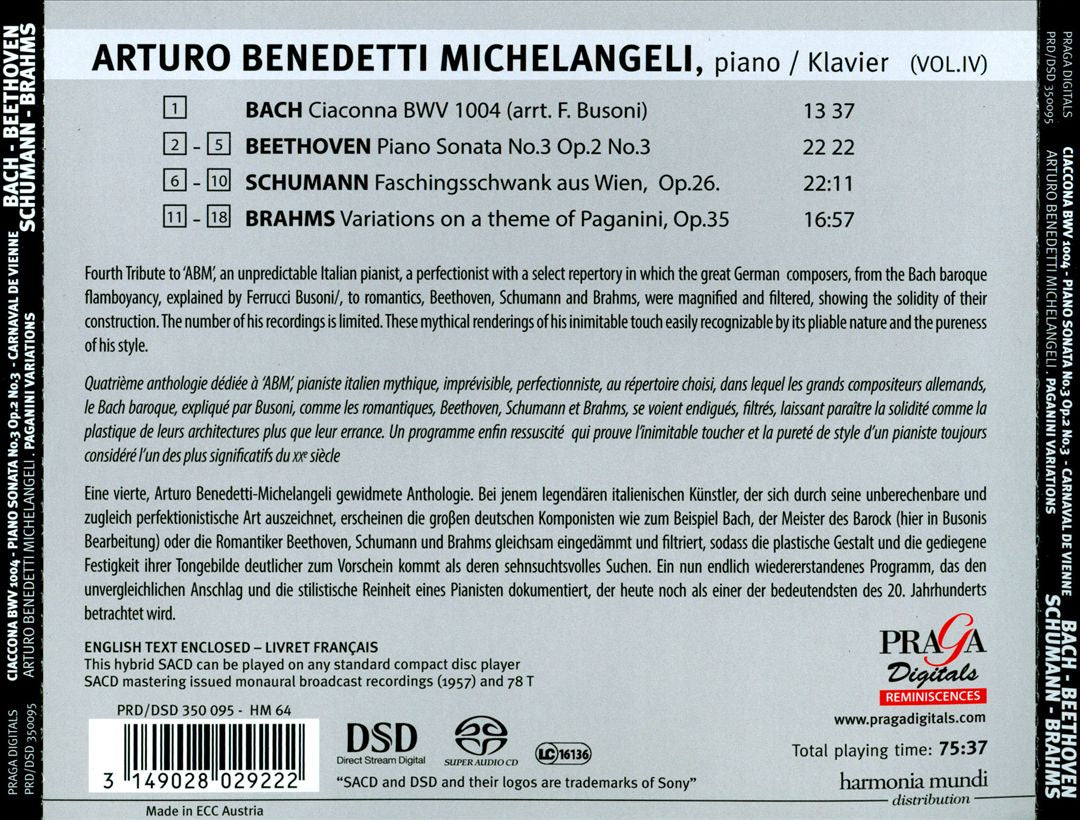 Bach: Ciaccona; Beethoven: Piano Sonata No. 3; Schumann: Faschinschwank aus Wien; Brahms: Variations cover art