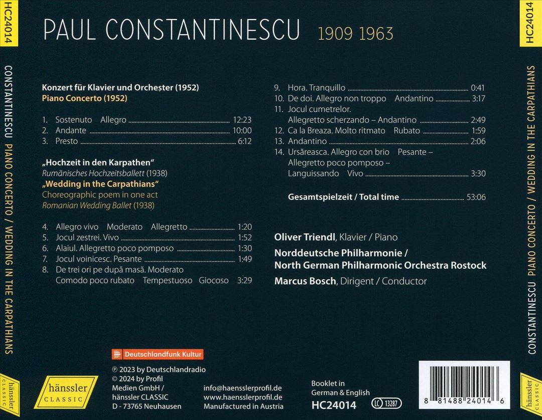 Paul Constantinescu: Piano Concerto; Wedding in the Carpathians cover art