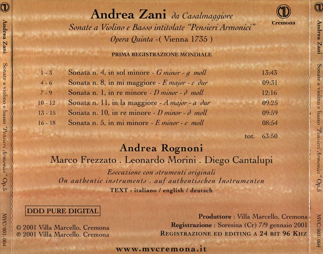 Andrea Zani: Sonate a Violino e Basso cover art
