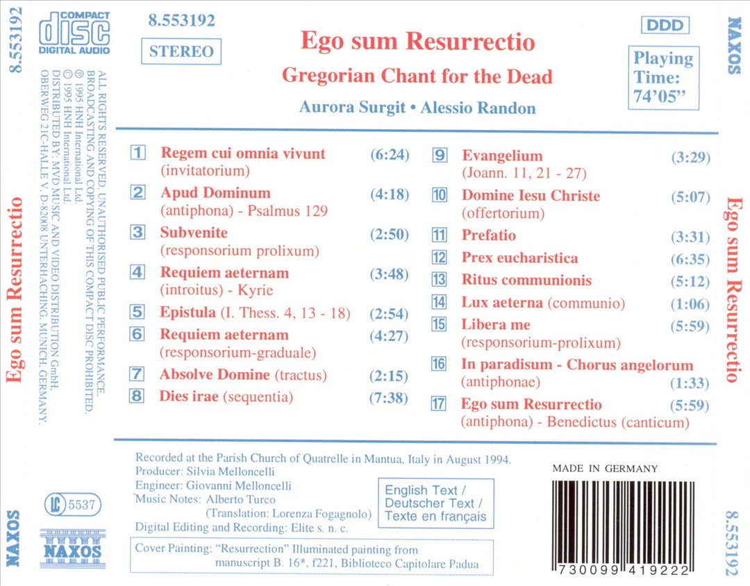 Ego sum Resurrectio: Gregorian Chant for the Dead cover art