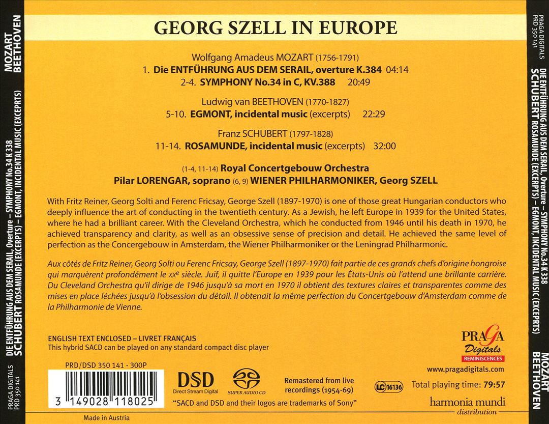Georg Szell in Europe - Mozart: Die Entführung aus dem Serail, overture; Symphony No. 34 K 338; Beethoven: Egmont Op. 84; Schubert: Rosamunde cover art
