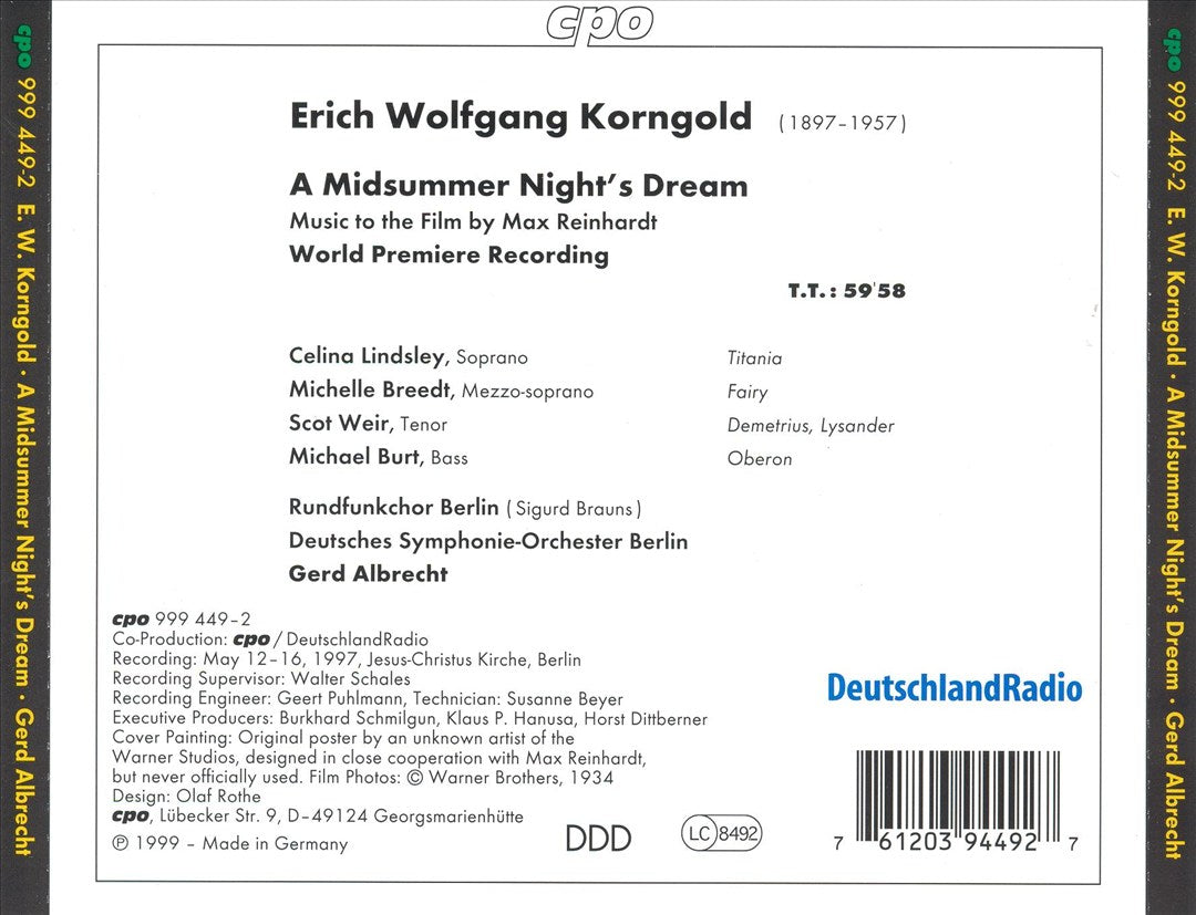 Midsummer Night's Dream: The Original Score by Erich Wolfgang Korngold cover art